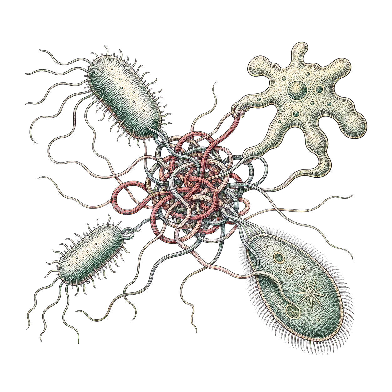 Microorganisms collaborating to untangle a complex knot