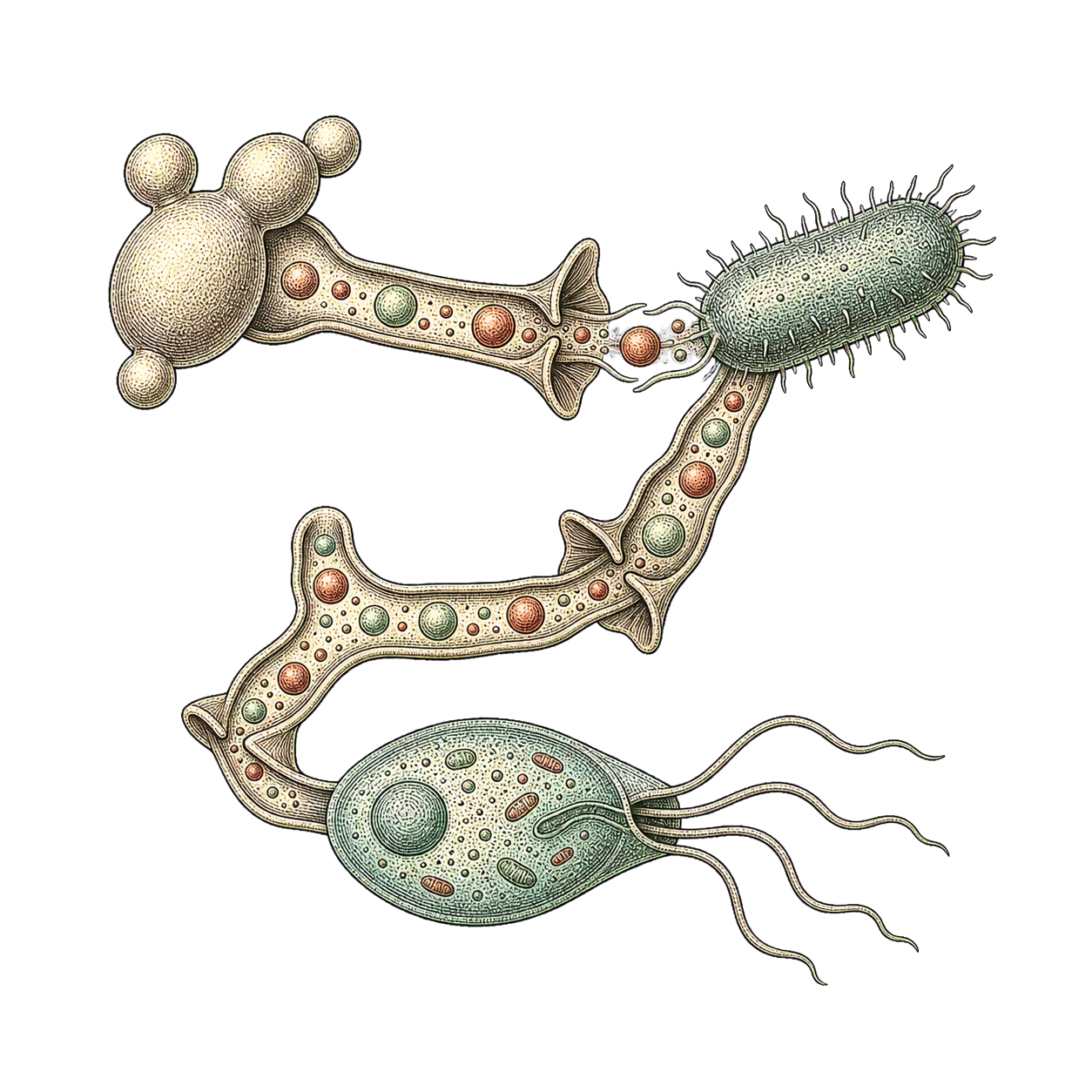 Microorganisms passing energy and materials through a living network
