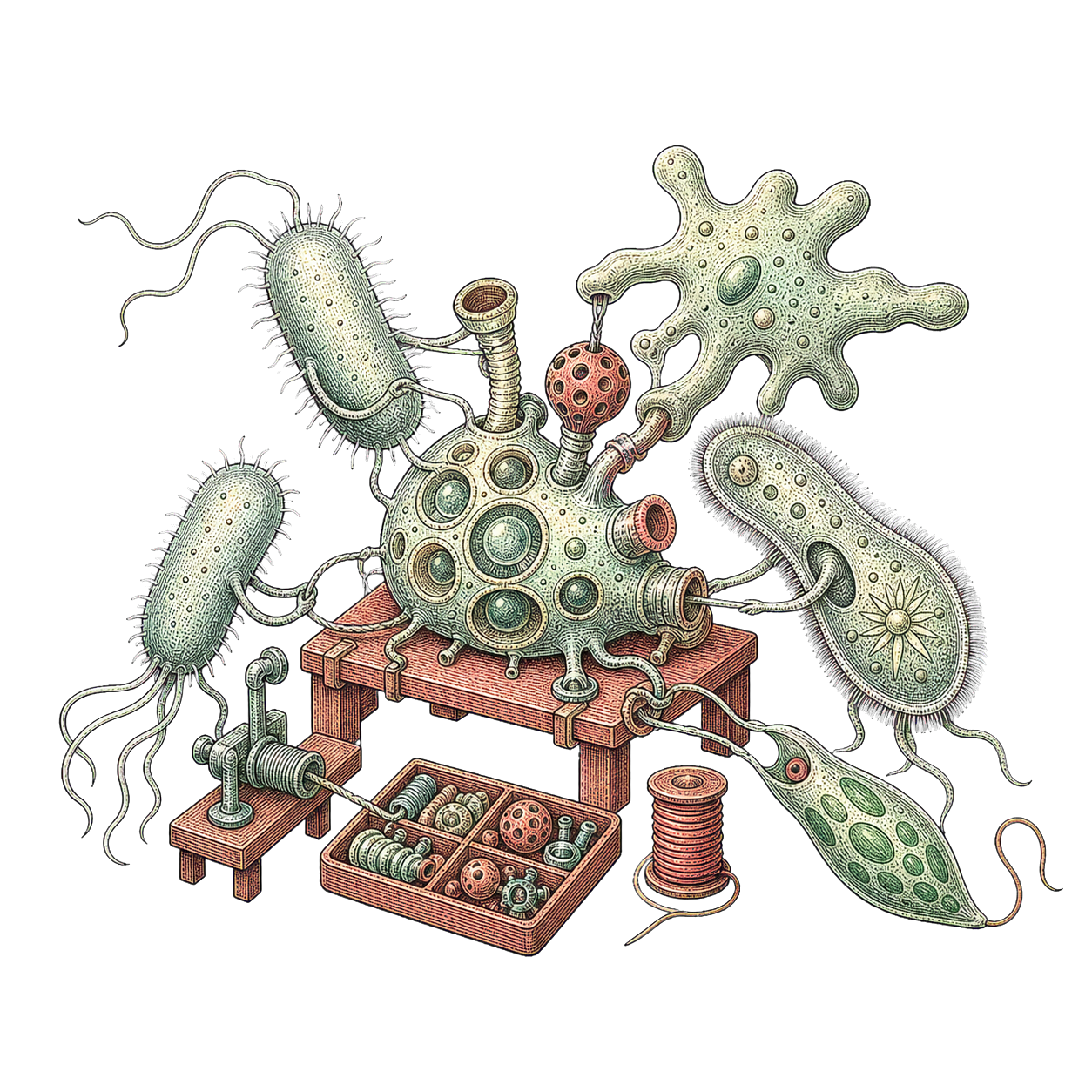 E. coli, an amoeba, and other protists collaborating to build an organic gadget