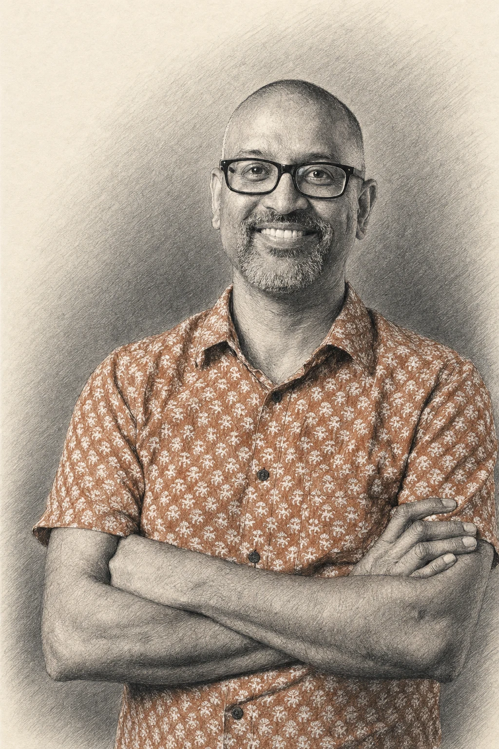 Line drawing of Rajesh Kasturirangan, smiling with his arms folded